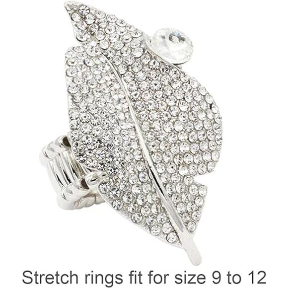 Leaf Design Crystal Stretch Ring for Women Statement Rings - Picture 3 of 3